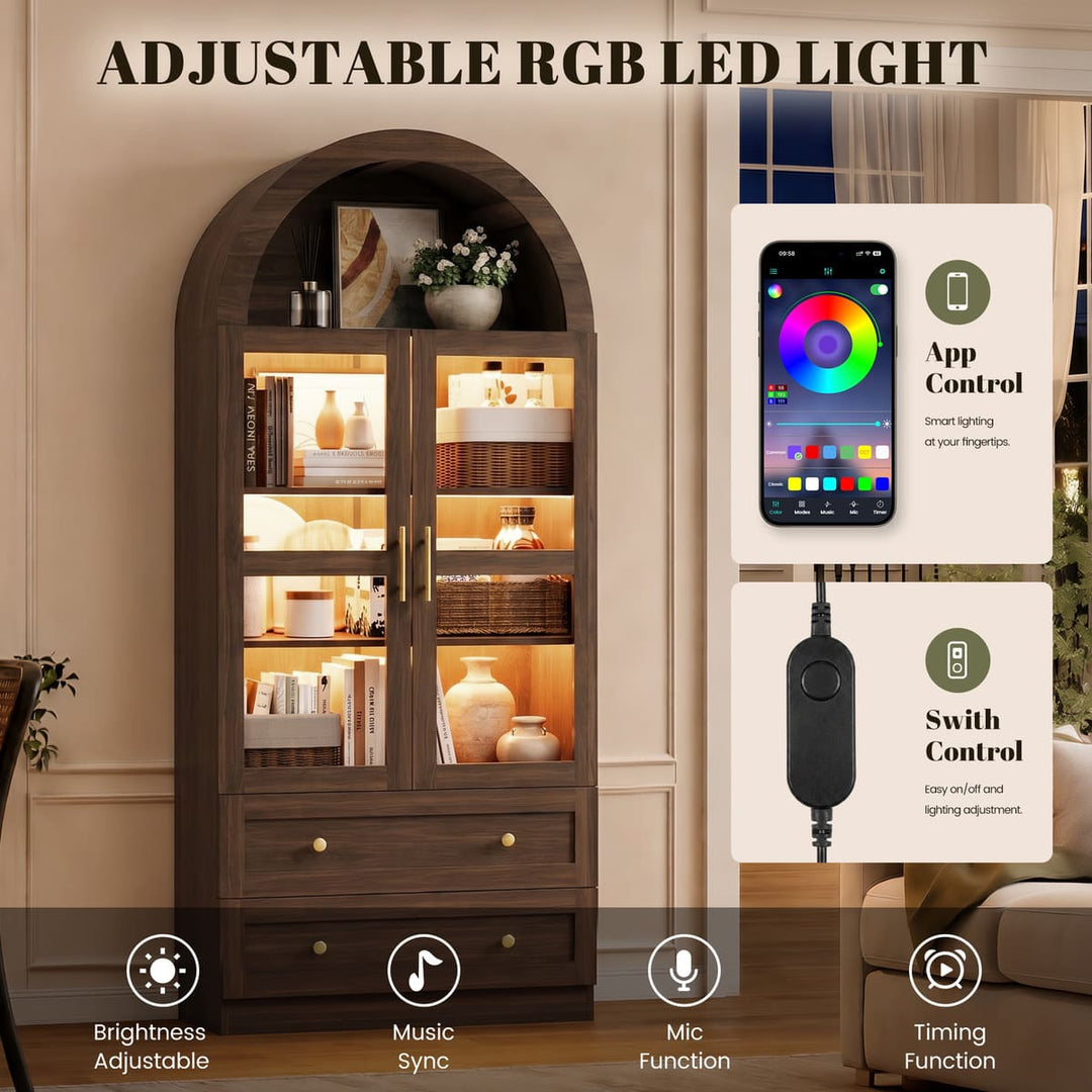 Arched Glass Display Cabinet with Drawers & LED Lights