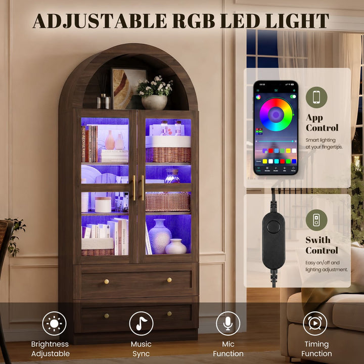 Arched Glass Display Cabinet with Drawers & LED Lights