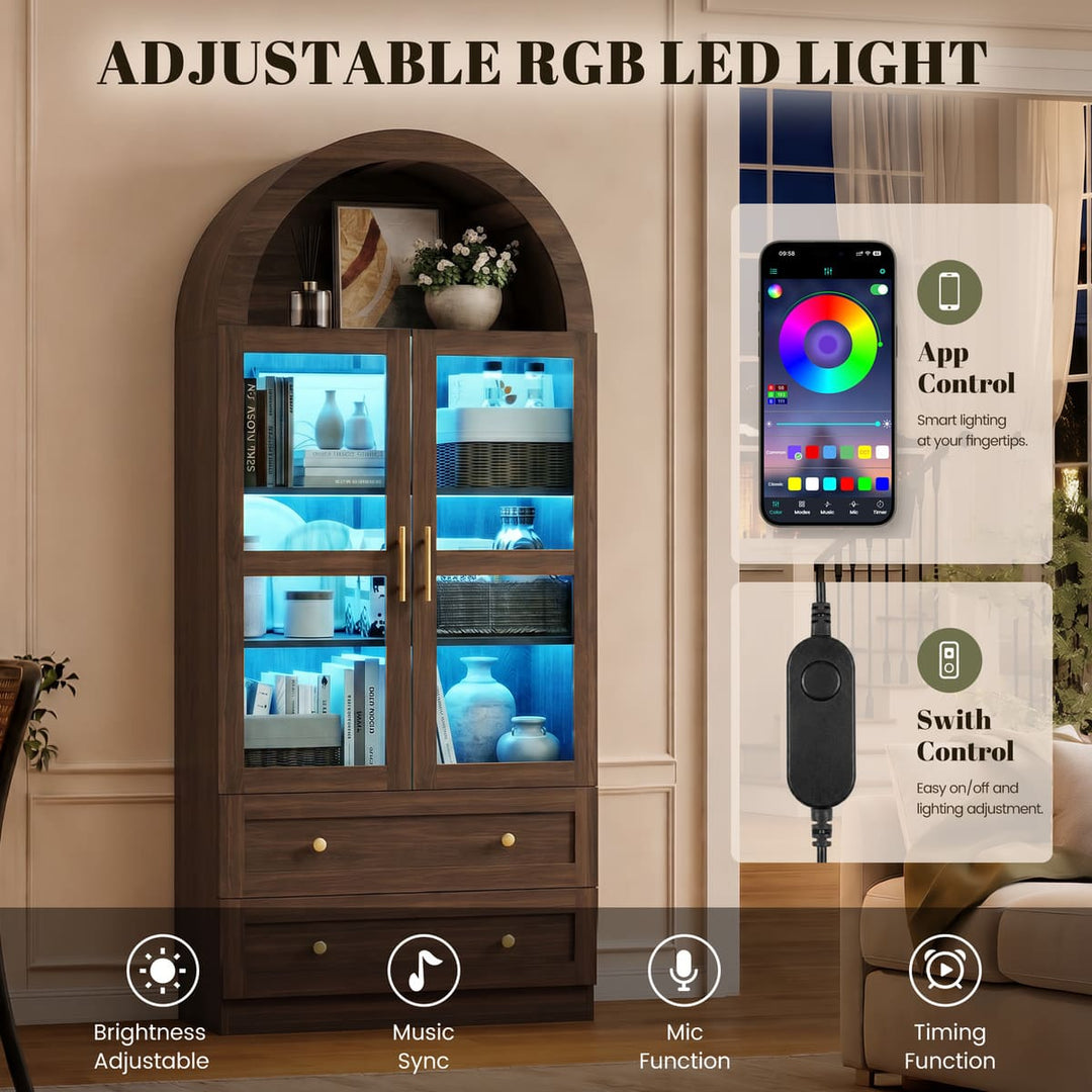 Arched Glass Display Cabinet with Drawers & LED Lights