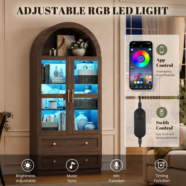 Arched Glass Display Cabinet with Drawers & LED Lights