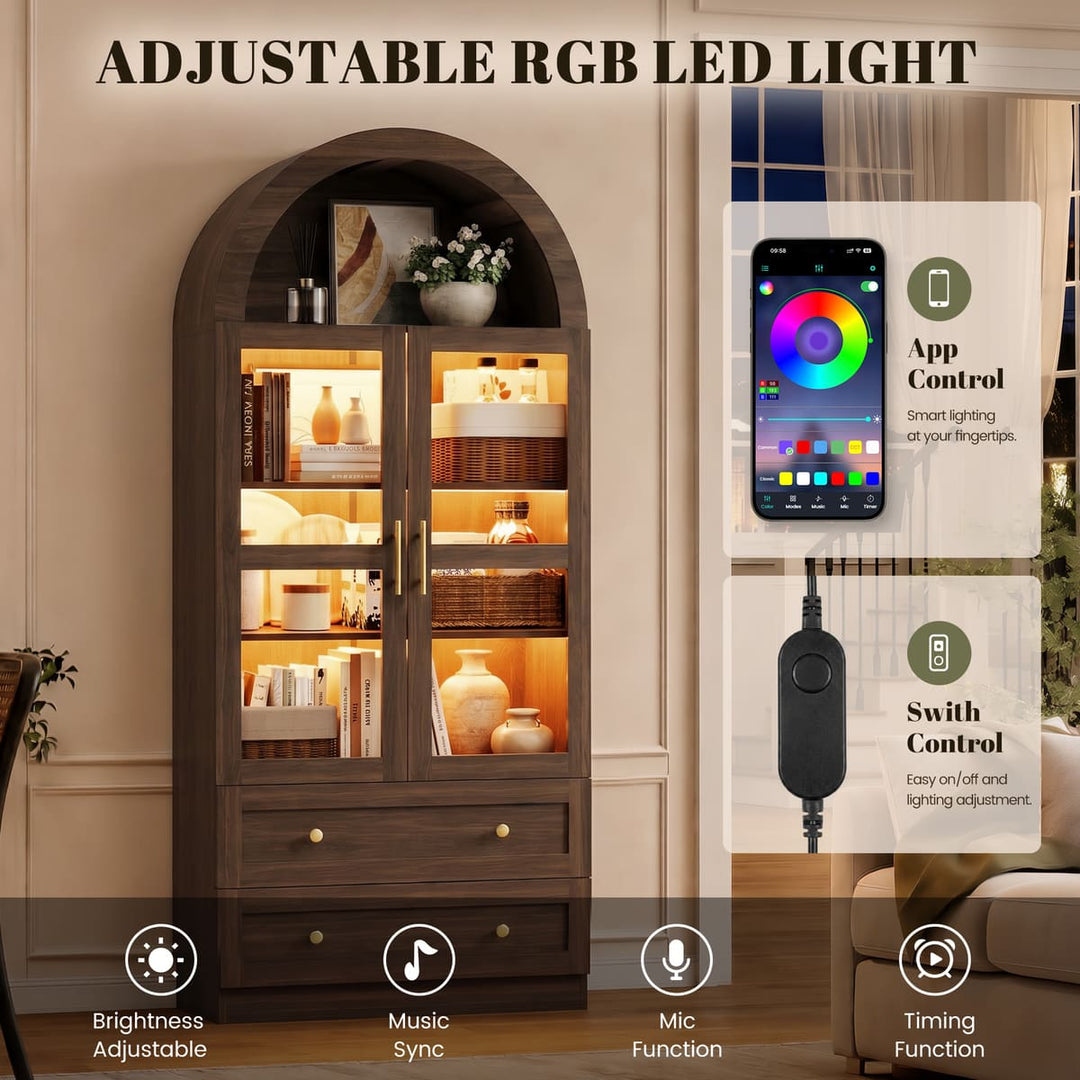 Arched Glass Display Cabinet with Drawers & LED Lights