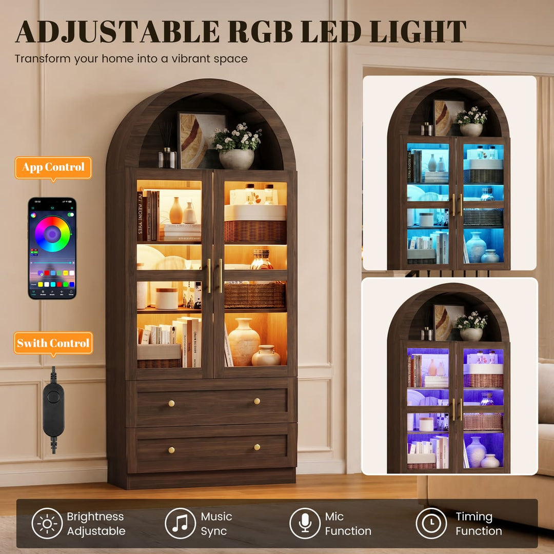 Arched Glass Display Cabinet with Drawers & LED Lights