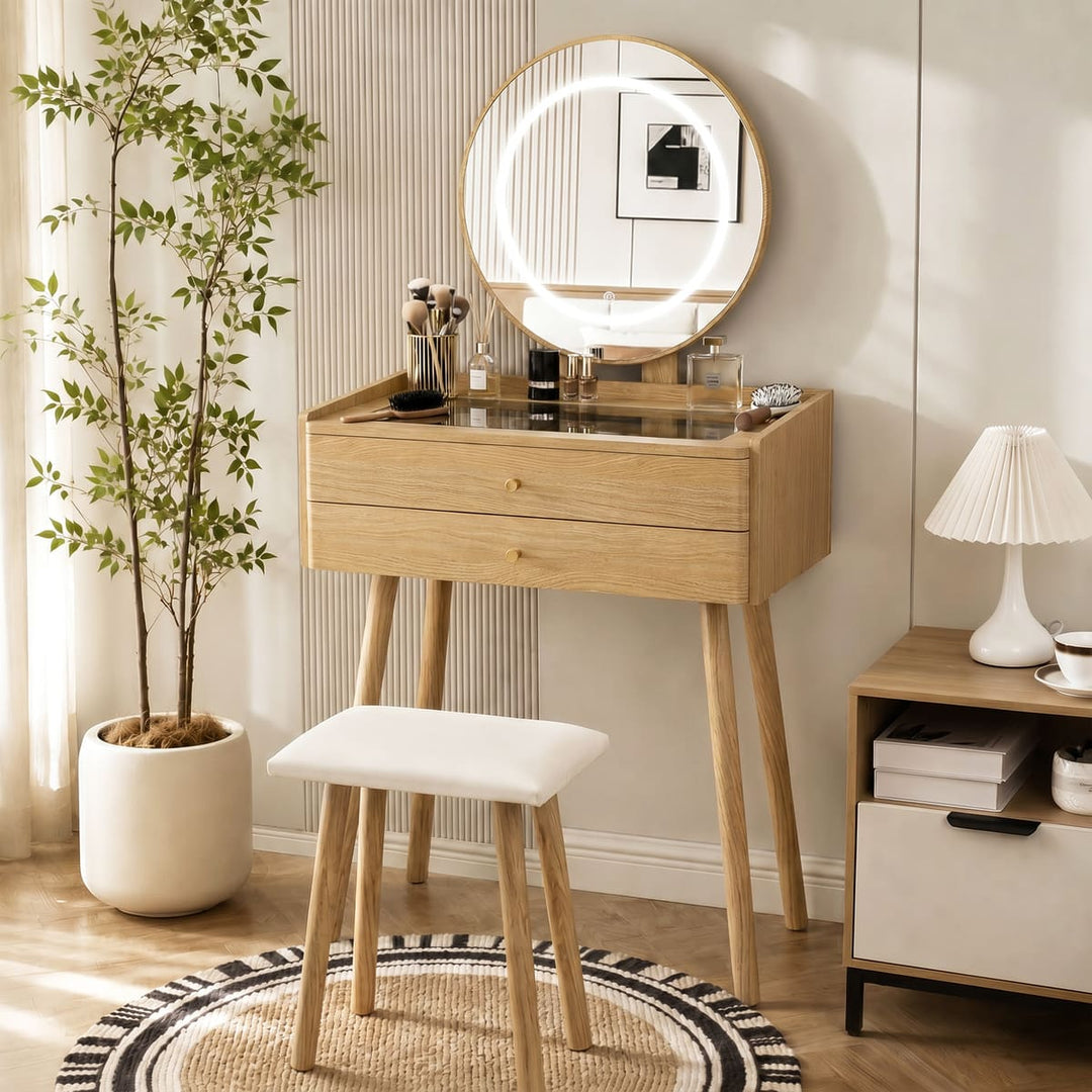 Small Makeup Vanity Desk with Round LED Mirror, Cushioned Stool& 2 Drawers