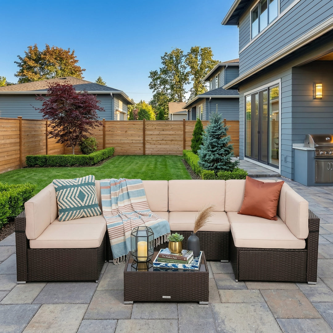 Pamapic Rattan Outdoor Sectional Couch Set  (7 Pieces)