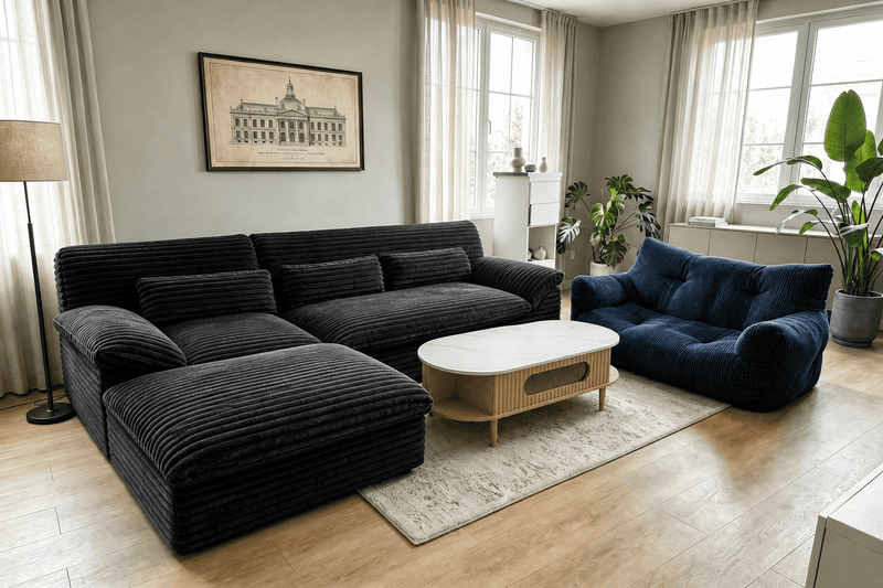 Modern living room with dark blue sectional sofa and coffee table.