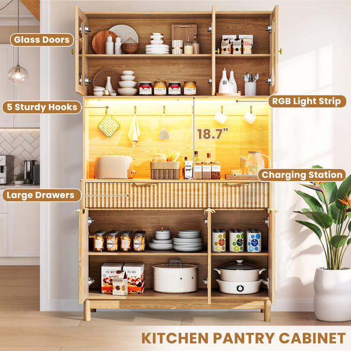 Indoor 3-Door Fluted Kitchen Hutch with LED Light & Hooks