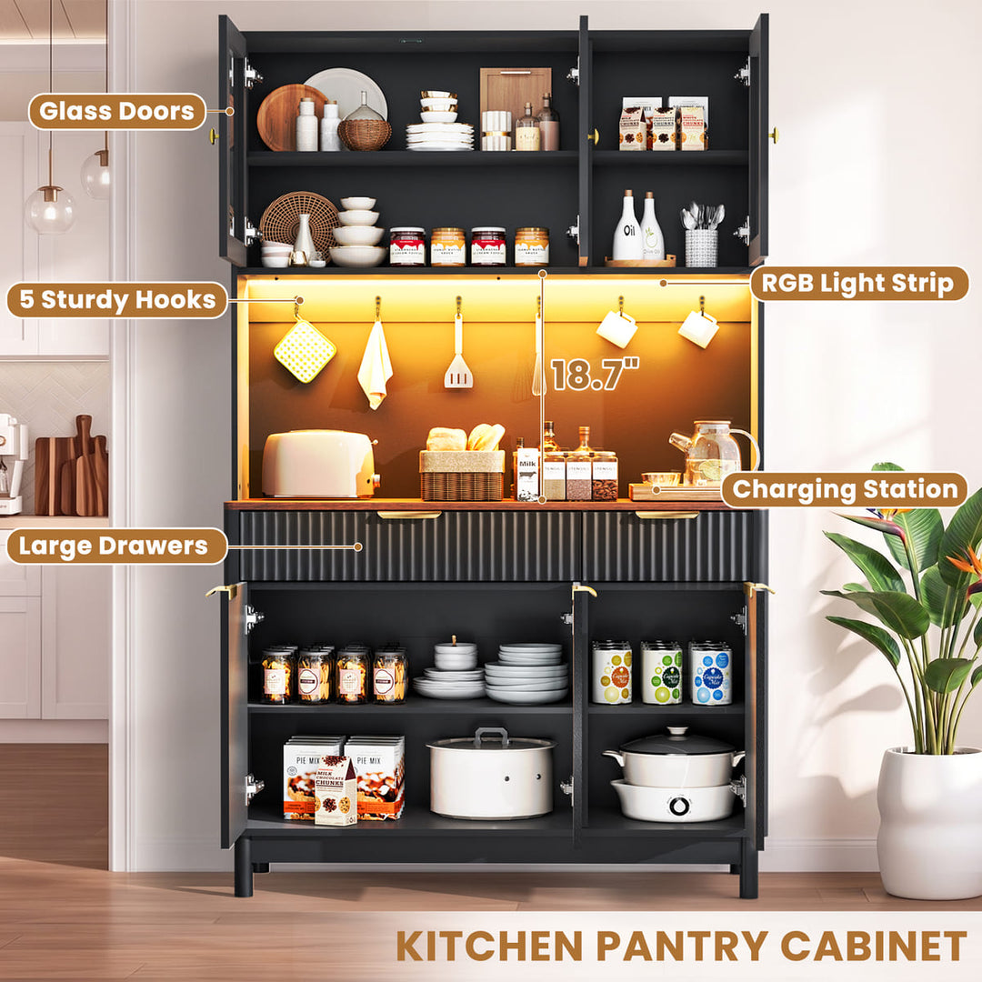 Indoor 3-Door Fluted Kitchen Hutch with LED Light & Hooks