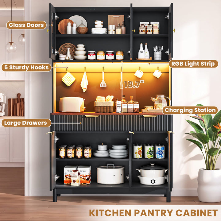 Indoor 3-Door Fluted Kitchen Hutch with LED Light & Hooks