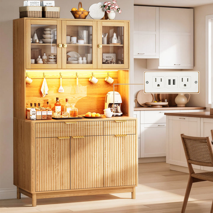 Indoor 3-Door Fluted Kitchen Hutch with LED Light & Hooks
