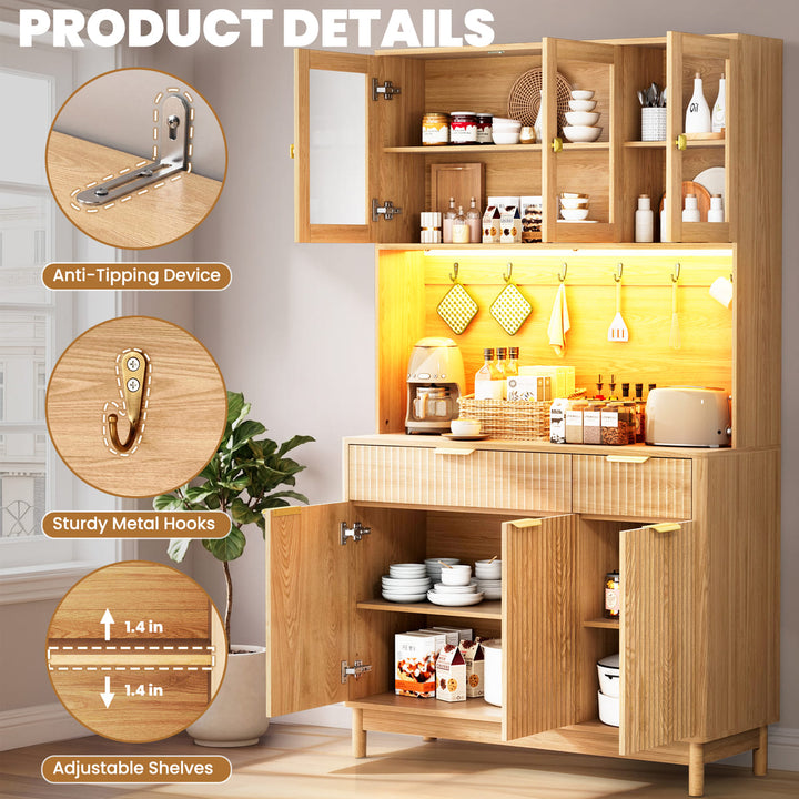 Indoor 3-Door Fluted Kitchen Hutch with LED Light & Hooks