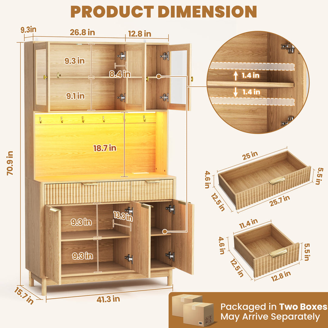 Indoor 3-Door Fluted Kitchen Hutch with LED Light & Hooks