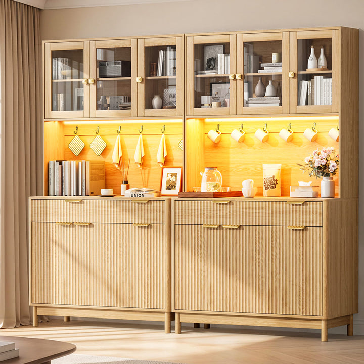 Indoor 3-Door Fluted Kitchen Hutch with LED Light & Hooks