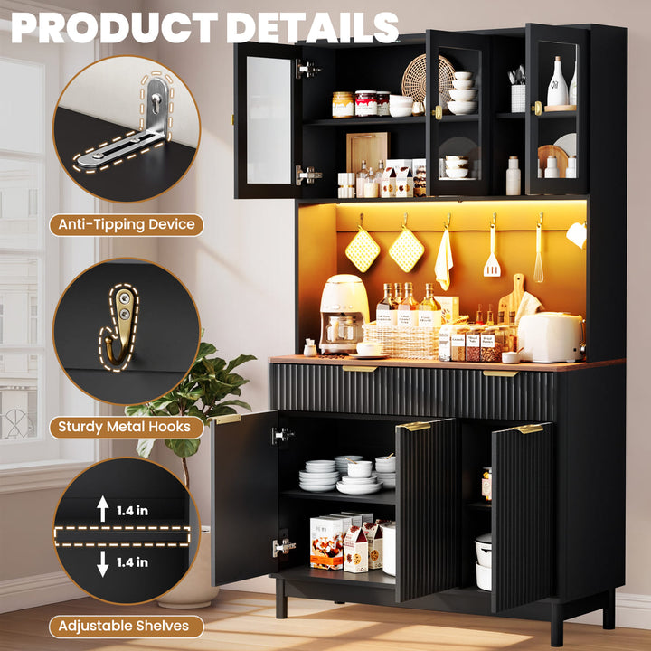 Indoor 3-Door Fluted Kitchen Hutch with LED Light & Hooks