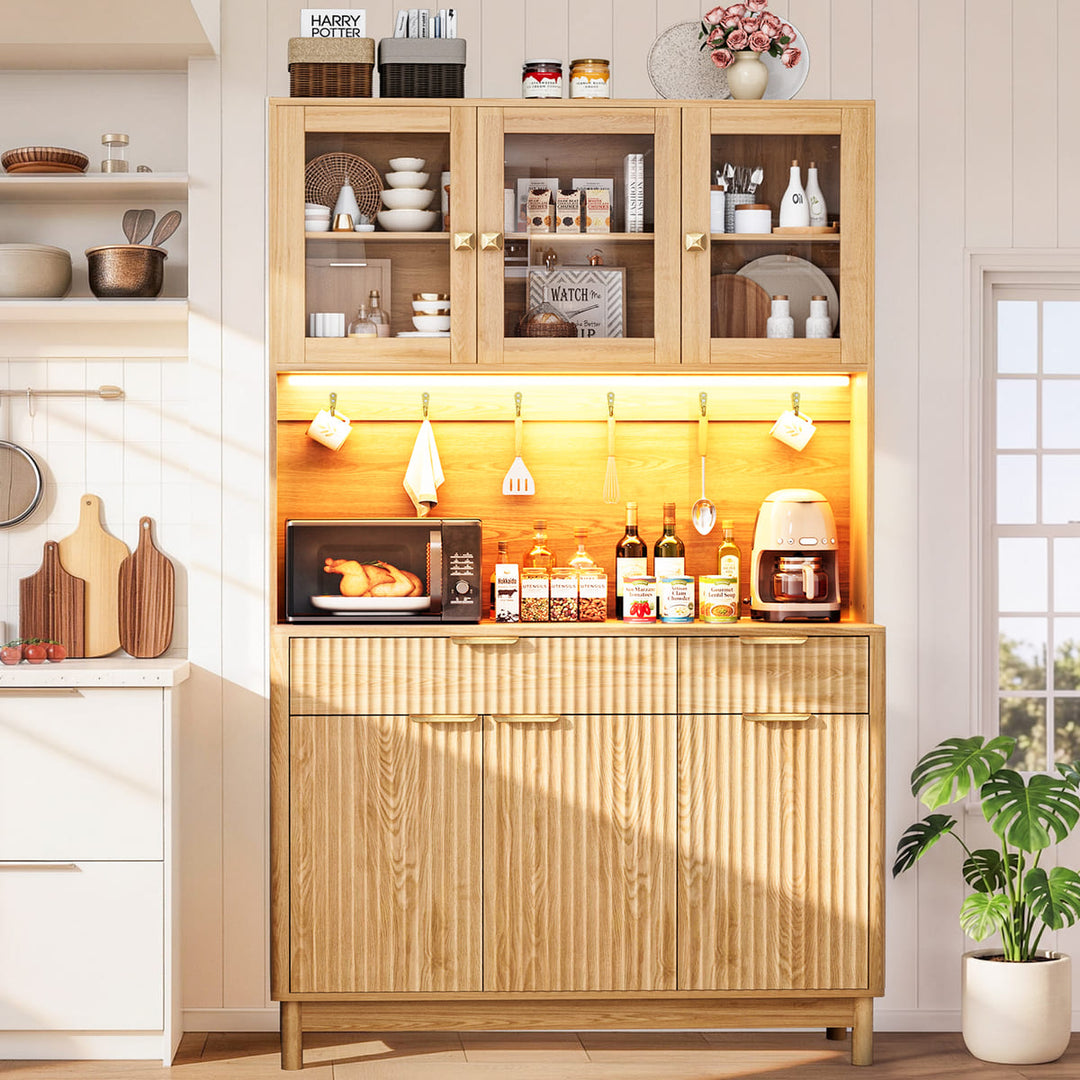 Indoor 3-Door Fluted Kitchen Hutch with LED Light & Hooks