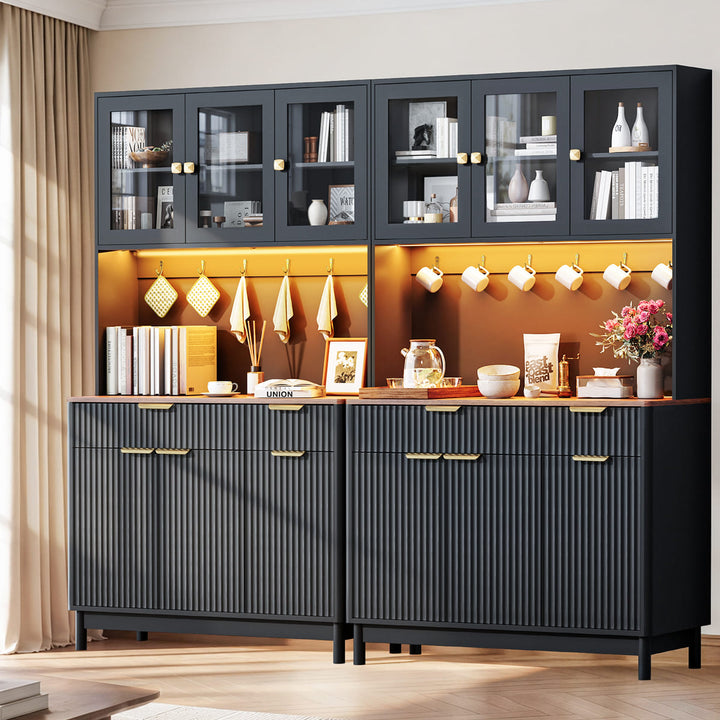 Indoor 3-Door Fluted Kitchen Hutch with LED Light & Hooks