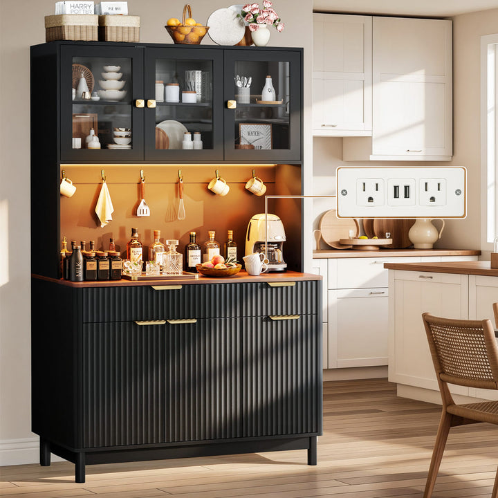 Indoor 3-Door Fluted Kitchen Hutch with LED Light & Hooks