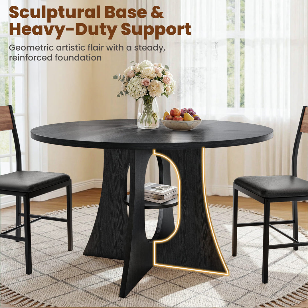 Dining table with black base and chairs in a room with curtains and rug.