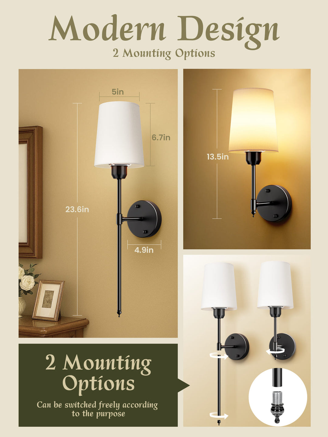 Rechargeable RGB Wall Sconces with Fabric Shades, Set of 2