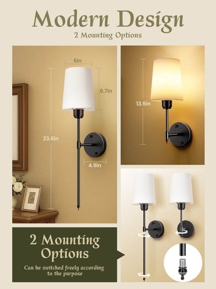 Rechargeable RGB Wall Sconces with Fabric Shades, Set of 2