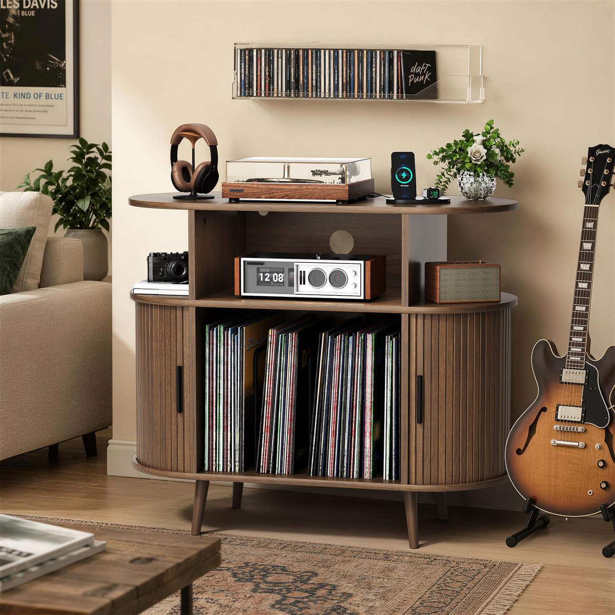 Curved Fluted Record Player Stand with Vinyl Storage – Pamapic