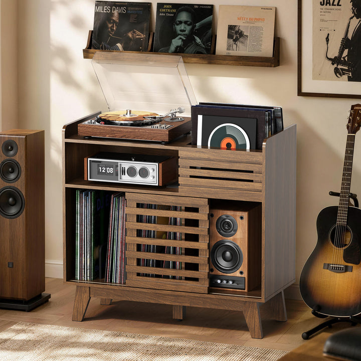 Mid-Century Record Player Stand with Slatted Doors