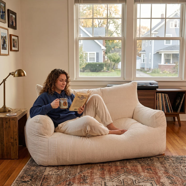 2-Person Bean Bag Sofa Chair, 63" Wide Corduroy with Memory Foam