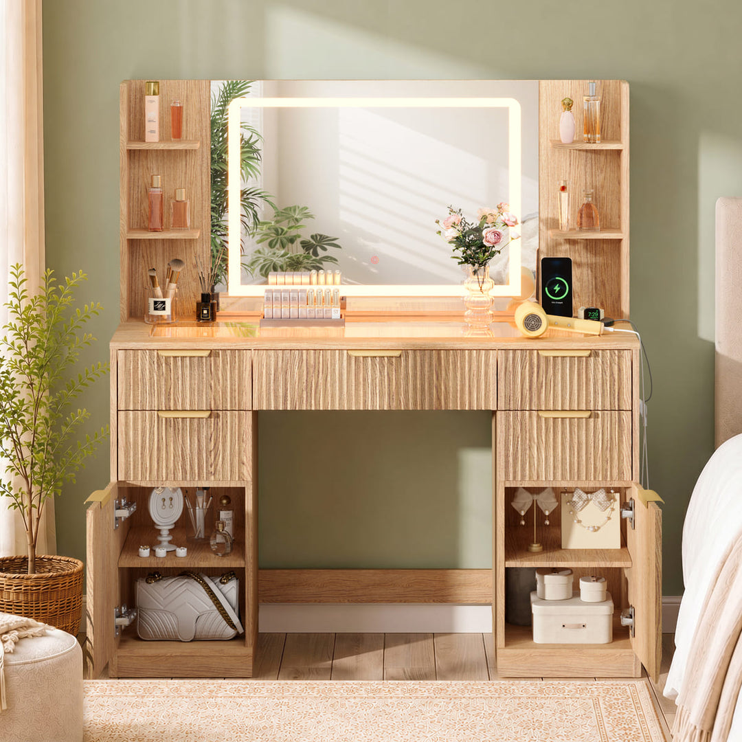 Fluted Glass-Top Makeup Vanity Desk with Open Shelves