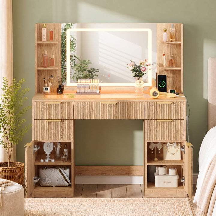Fluted Glass-Top Makeup Vanity Desk with Open Shelves