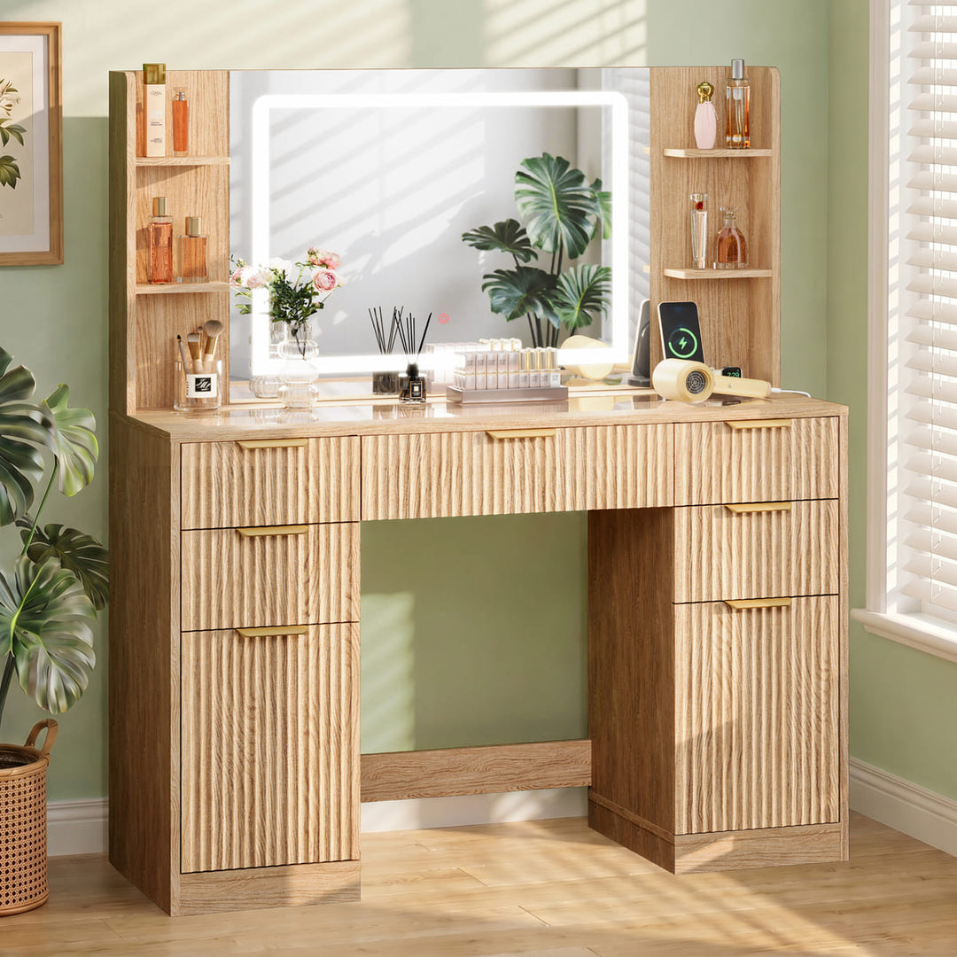 Fluted Glass-Top Makeup Vanity Desk with Open Shelves
