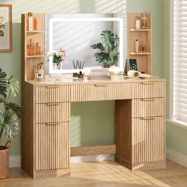 Fluted Glass-Top Makeup Vanity Desk with Open Shelves