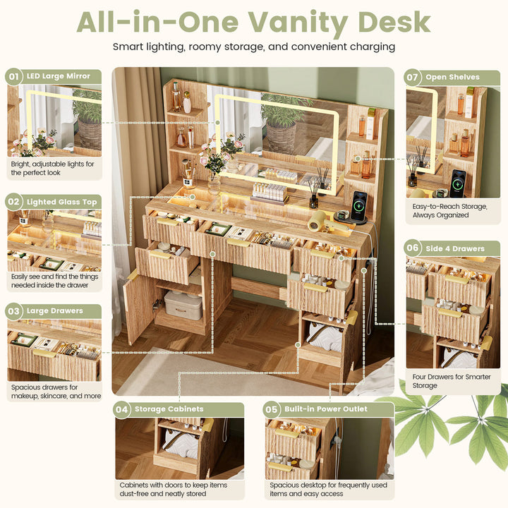 Fluted Glass-Top Makeup Vanity Desk with Open Shelves