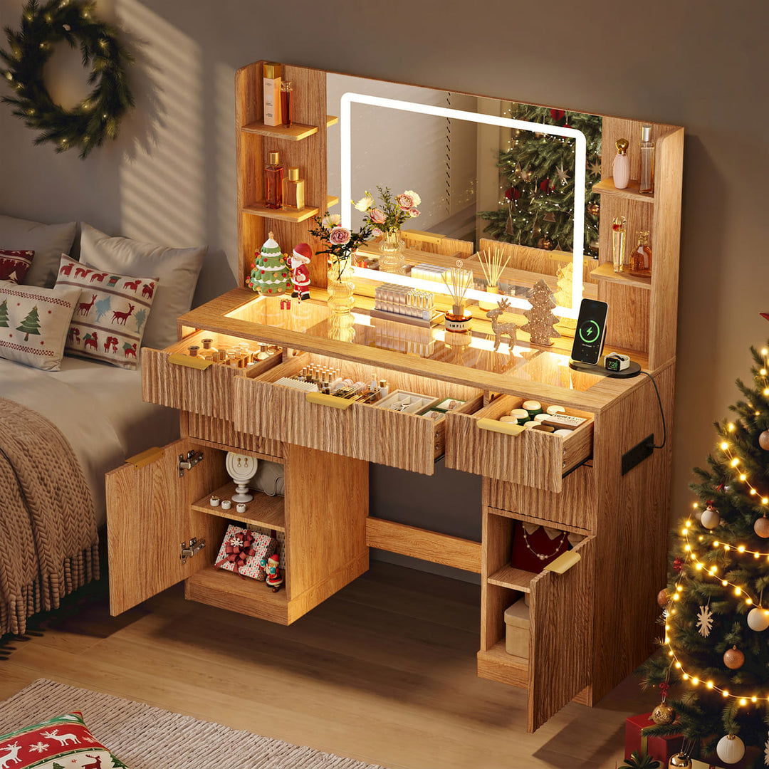 Fluted Glass-Top Makeup Vanity Desk with Open Shelves
