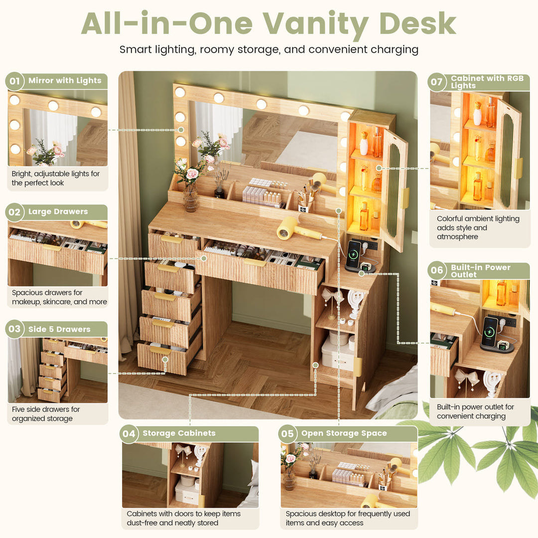 Fluted Makeup Vanity Desk with RGB Cabinet