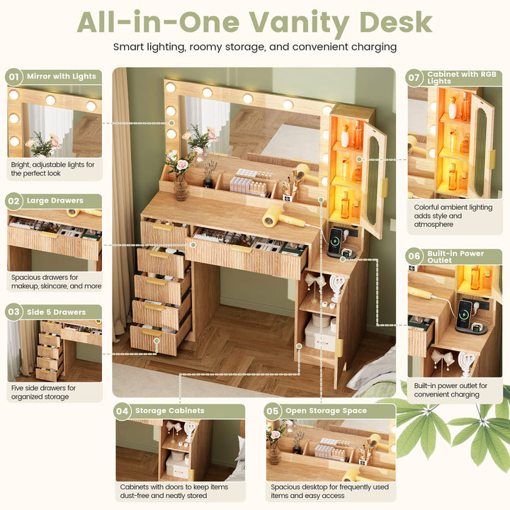 Fluted Makeup Vanity Desk with RGB Cabinet