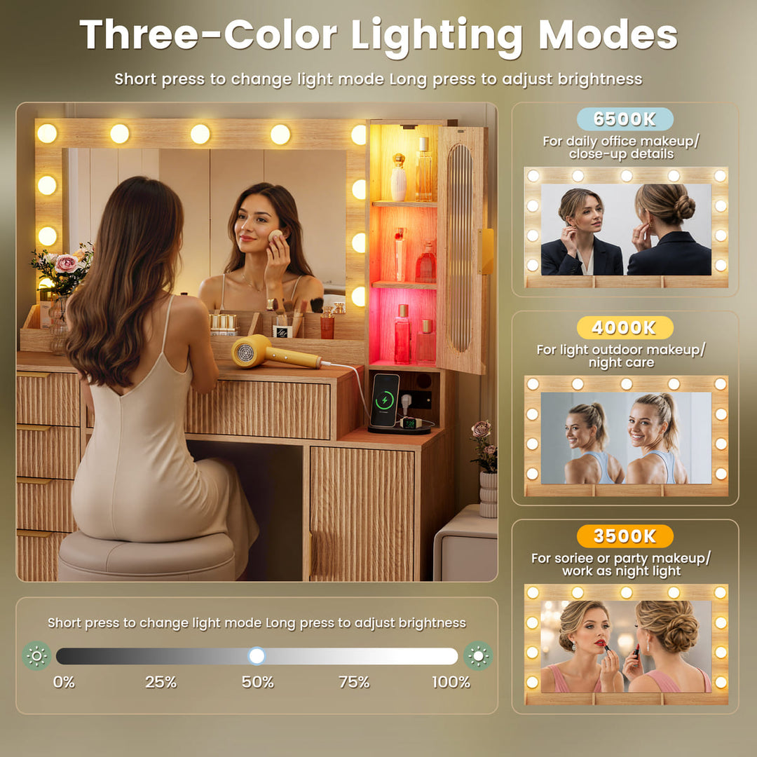 A vanity mirror light with three adjustable lighting modes shown in an infographic: 6500K for daily office makeup, 4000K for light outdoor makeup/night care, and 3500K for social or party makeup. The main image shows a woman sitting in front of the lit vanity, with smaller inset images on the right illustrating different light modes.