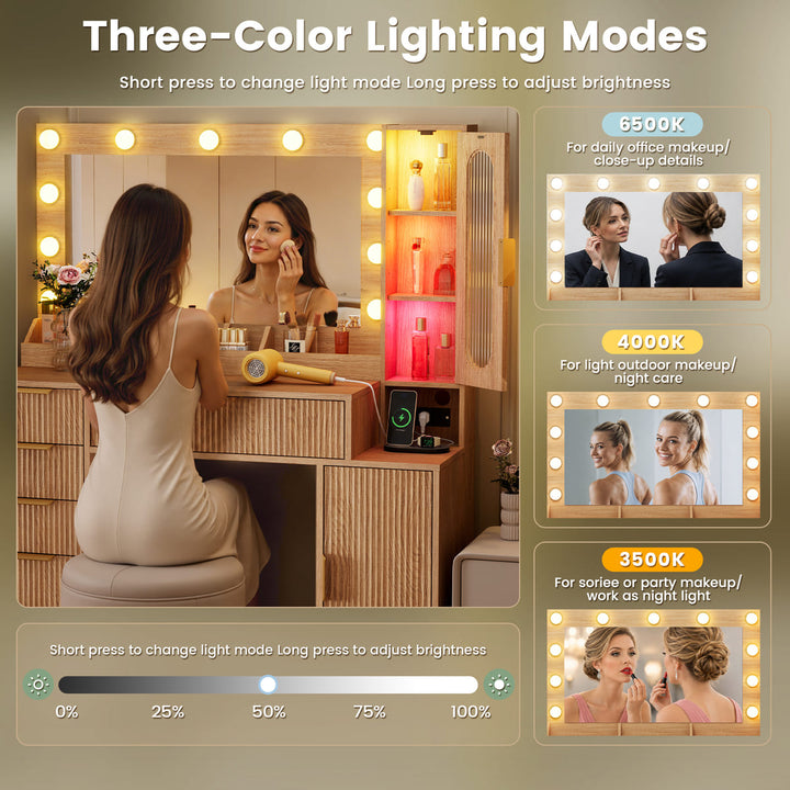 A vanity mirror light with three adjustable lighting modes shown in an infographic: 6500K for daily office makeup, 4000K for light outdoor makeup/night care, and 3500K for social or party makeup. The main image shows a woman sitting in front of the lit vanity, with smaller inset images on the right illustrating different light modes.