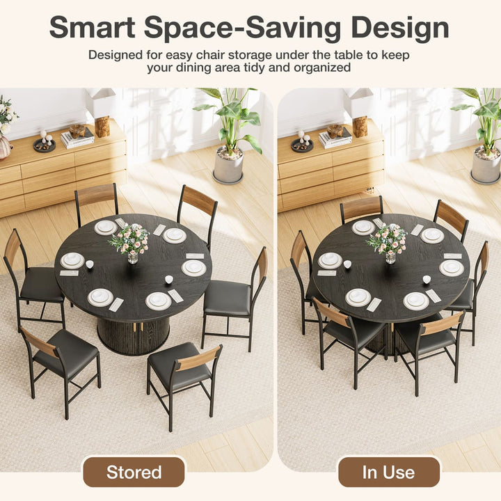 Dining table with chairs on a white background, showing space-saving design.