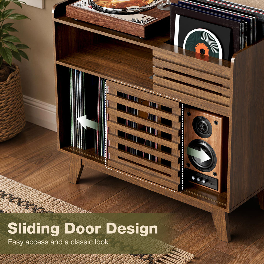 Mid-Century Record Player Stand with Slatted Doors