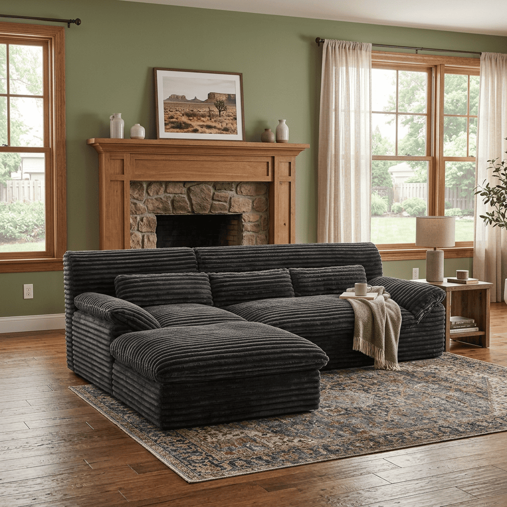 Pamapic 100" Boneless Sectional Couch with Plush Corduroy Fabric, No Assembly Required