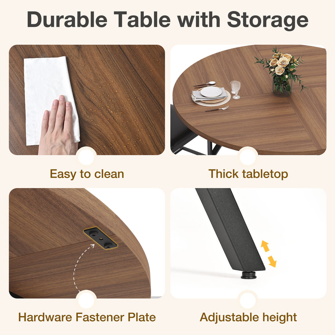 Wooden table with features highlighted, including ease of cleaning, thick tabletop, hardware fastener plate, and adjustable height.