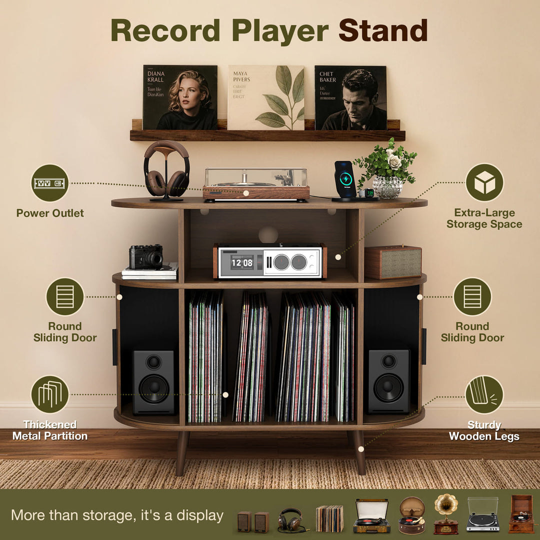 Curved Fluted Record Player Stand with Vinyl Storage