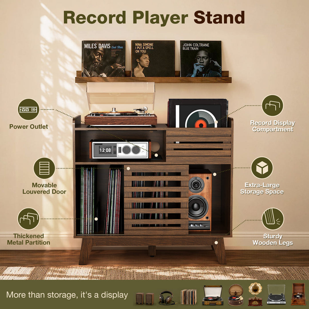 Mid-Century Record Player Stand with Slatted Doors