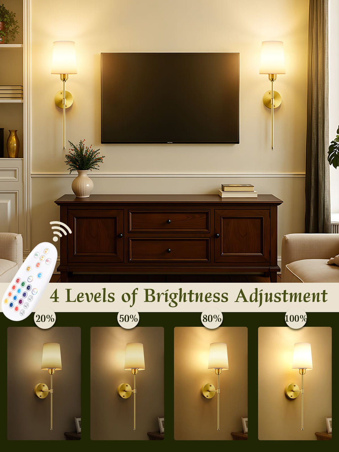 Rechargeable RGB Wall Sconces with Fabric Shades, Set of 2