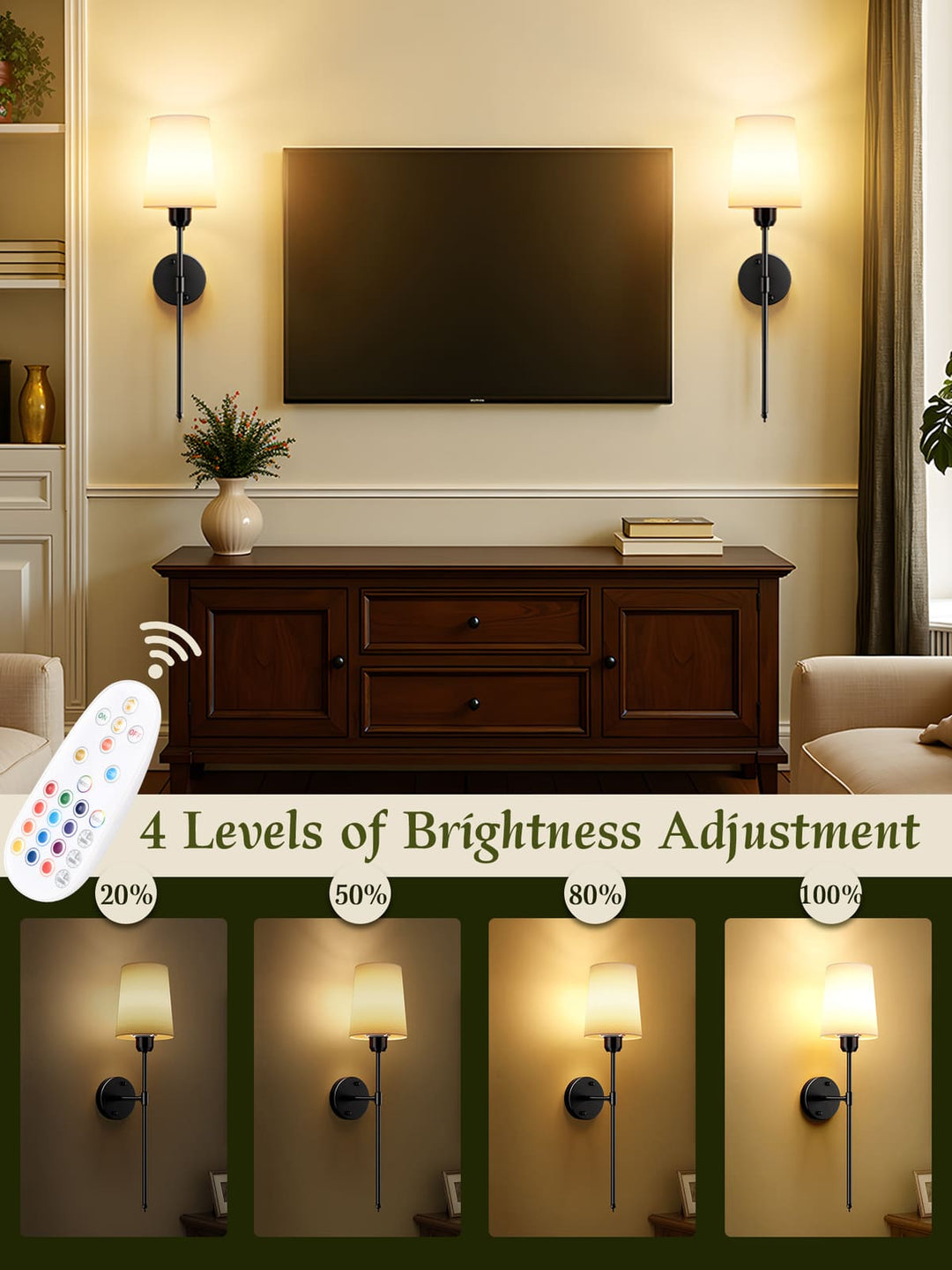 Rechargeable RGB Wall Sconces with Fabric Shades, Set of 2