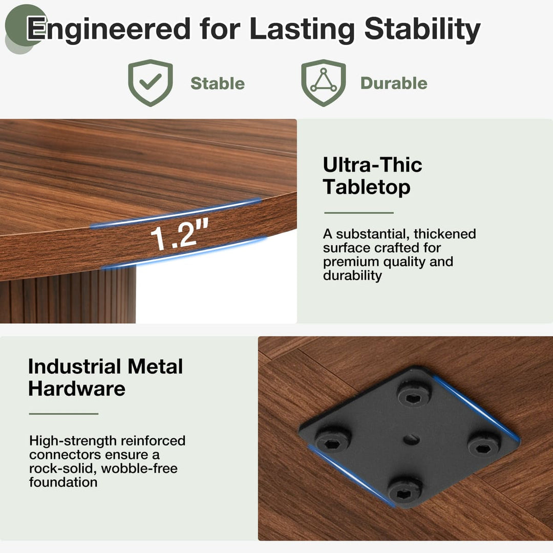 Wooden table with text highlighting stability, durability, and quality features.