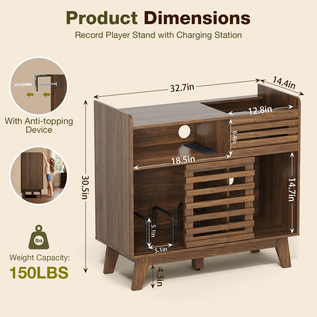 Mid-Century Record Player Stand with Slatted Doors