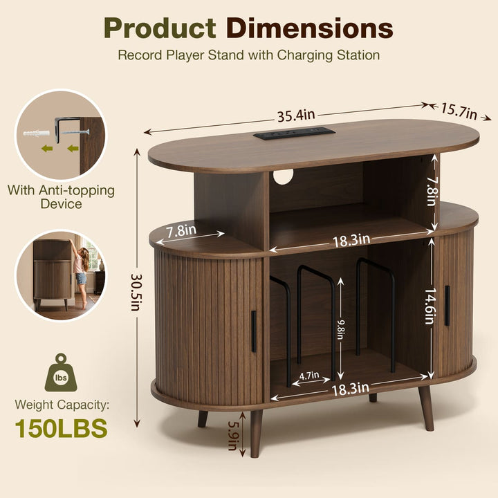Curved Fluted Record Player Stand with Vinyl Storage