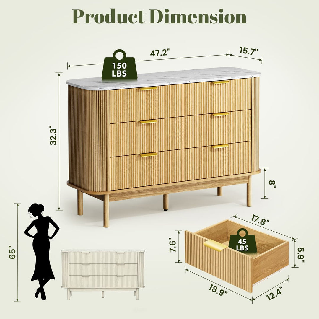 Curved Fluted 6-Drawer Dresser