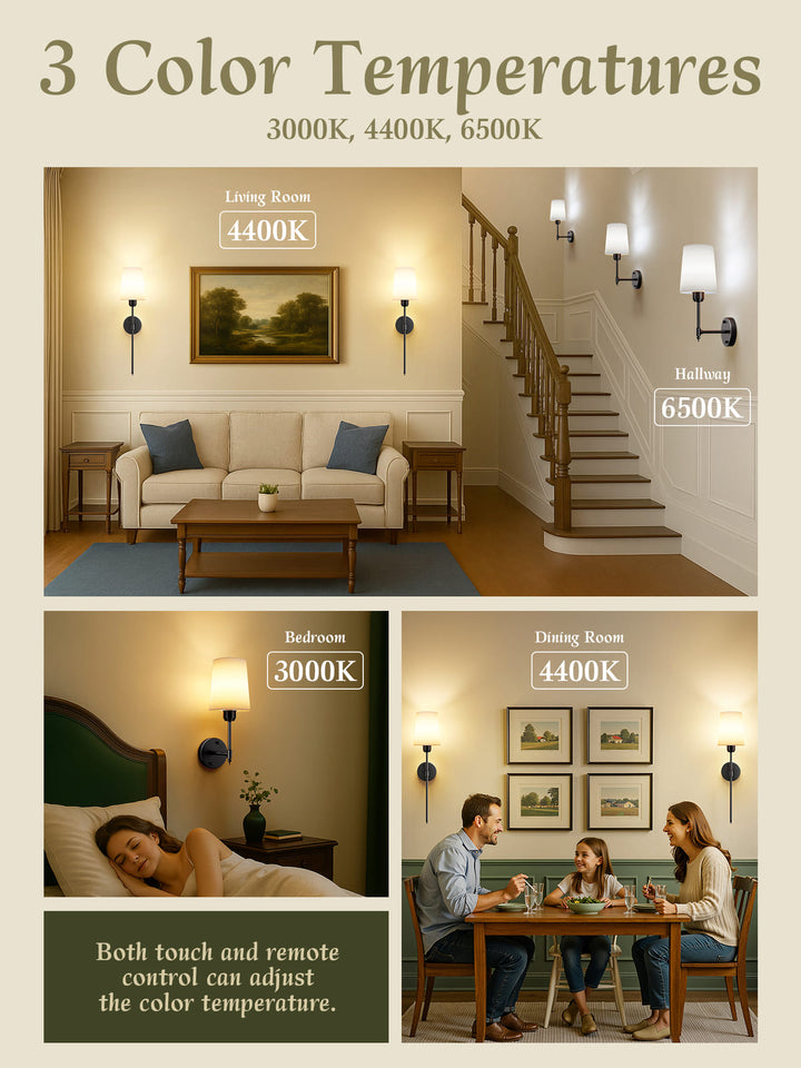 Rechargeable RGB Wall Sconces with Fabric Shades, Set of 2