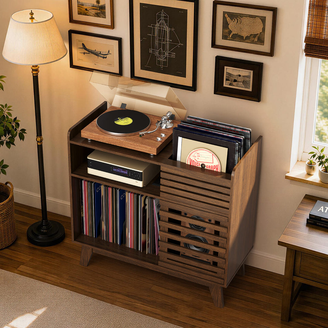 Mid-Century Record Player Stand with Slatted Doors